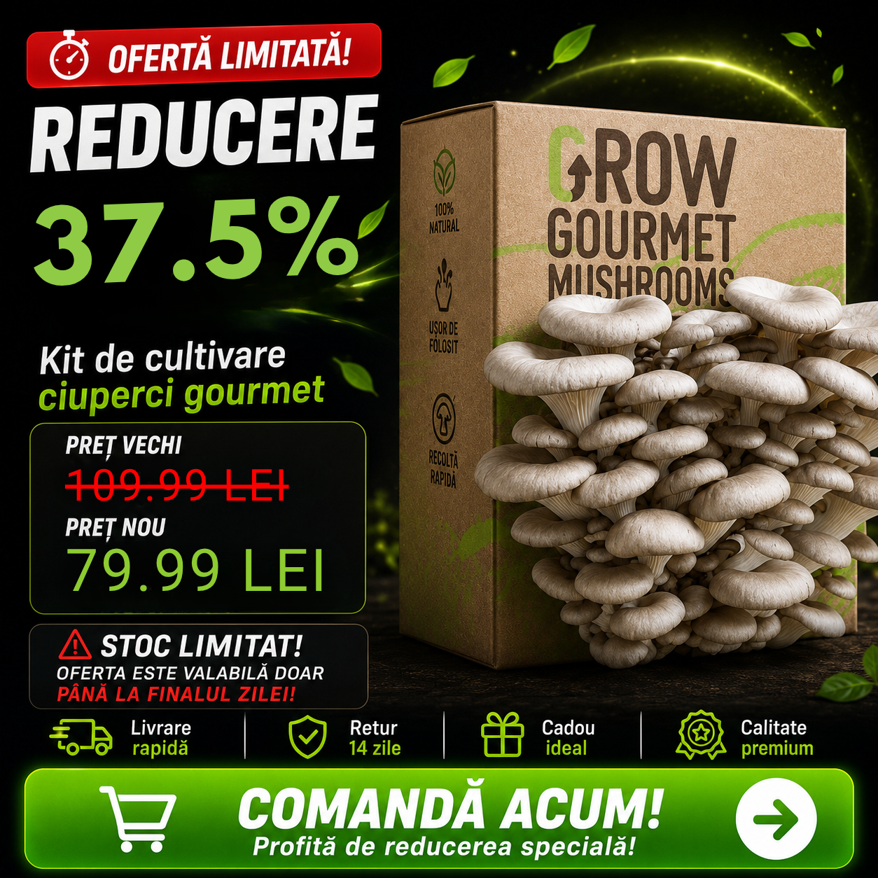 Kit de Cultivare Ciuperci Pleurotus Acasă