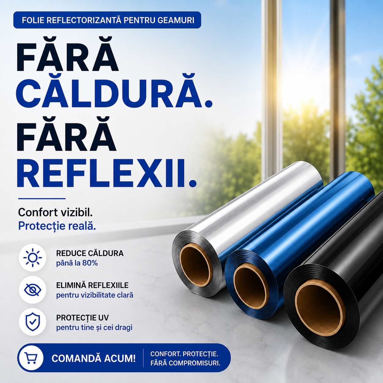 Folie Reflectorizantă pentru Geamuri. Protecție UV