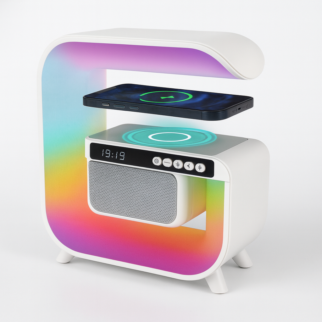 Лампа 3 в 1 - RGB Смарт Светлина, Безжично Бързо Зареждане, Bluetooth Колонка
